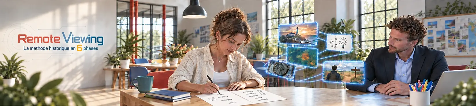 Remote Viewing — La méthode historique en 6 phases. Une apprenante décrit ses perceptions sur des feuilles, accompagnée d’un moniteur, dans un atelier lumineux.